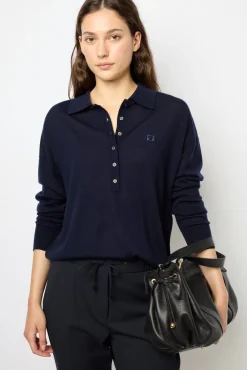 Sale Navy blue fine wool polo shirt - JENNY Knitwear